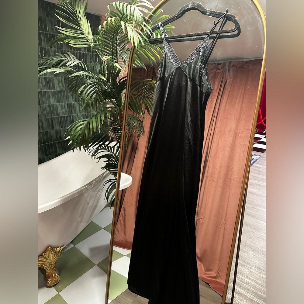 Sleek Black Satin Nightgown with Lace Detail